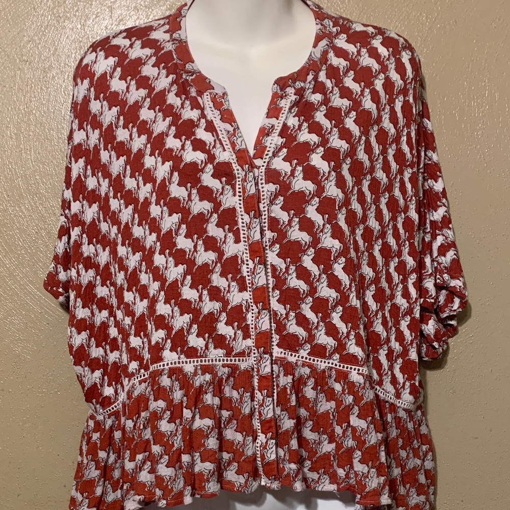 5. Anthropologie size S Red and White Blouse Horse Patterns Buttons Oversized